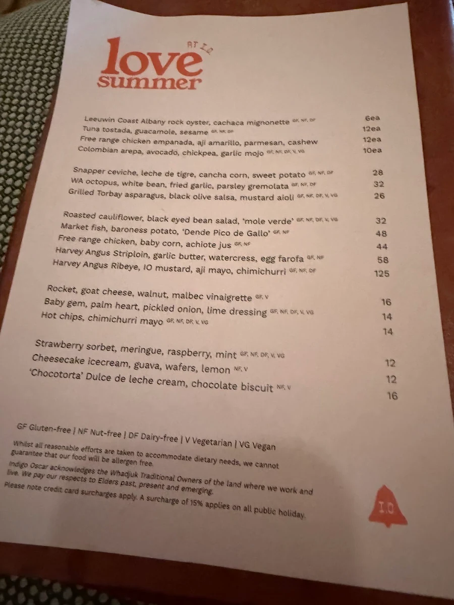 Menu, Indigo Oscar