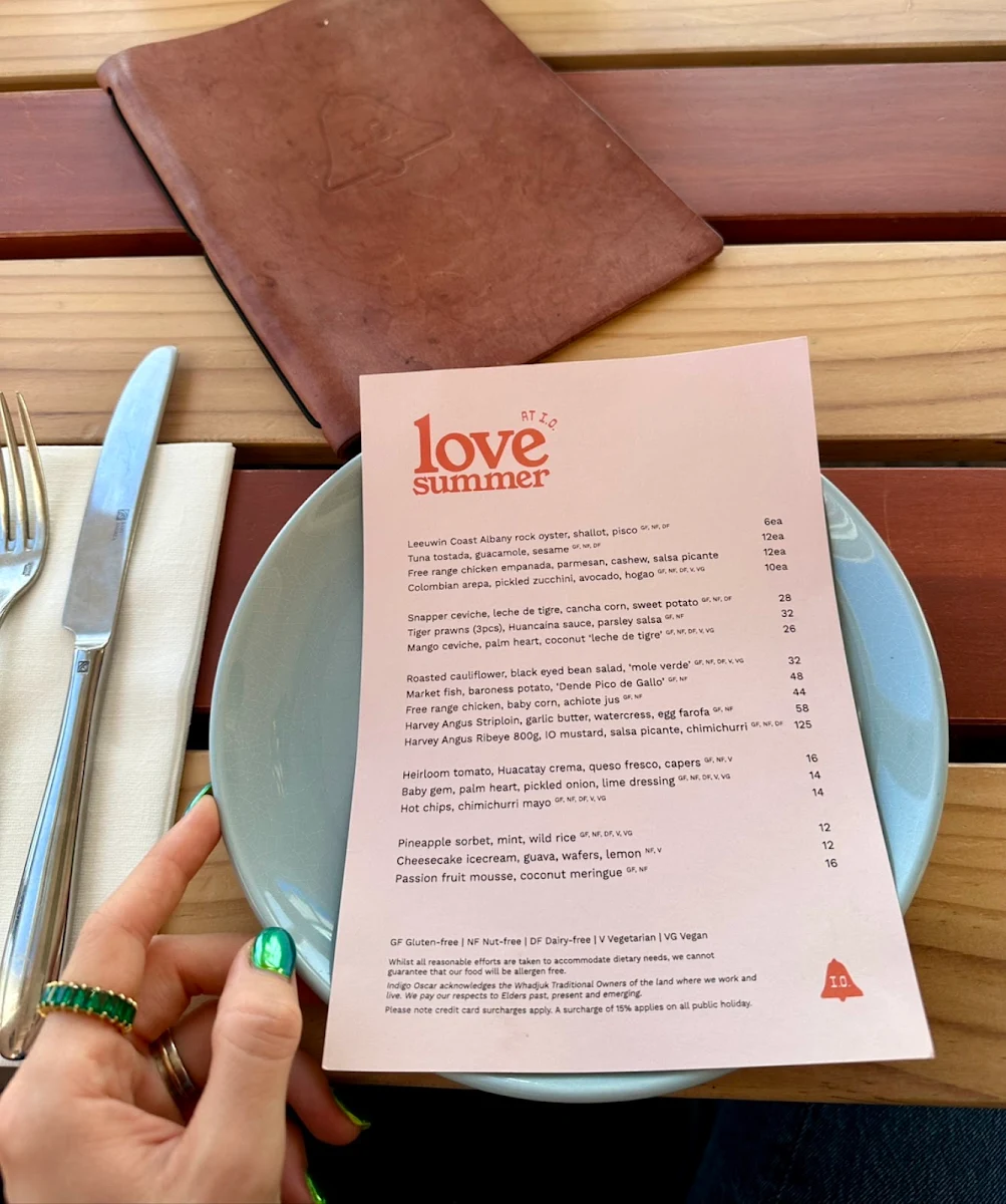 Menu, Indigo Oscar