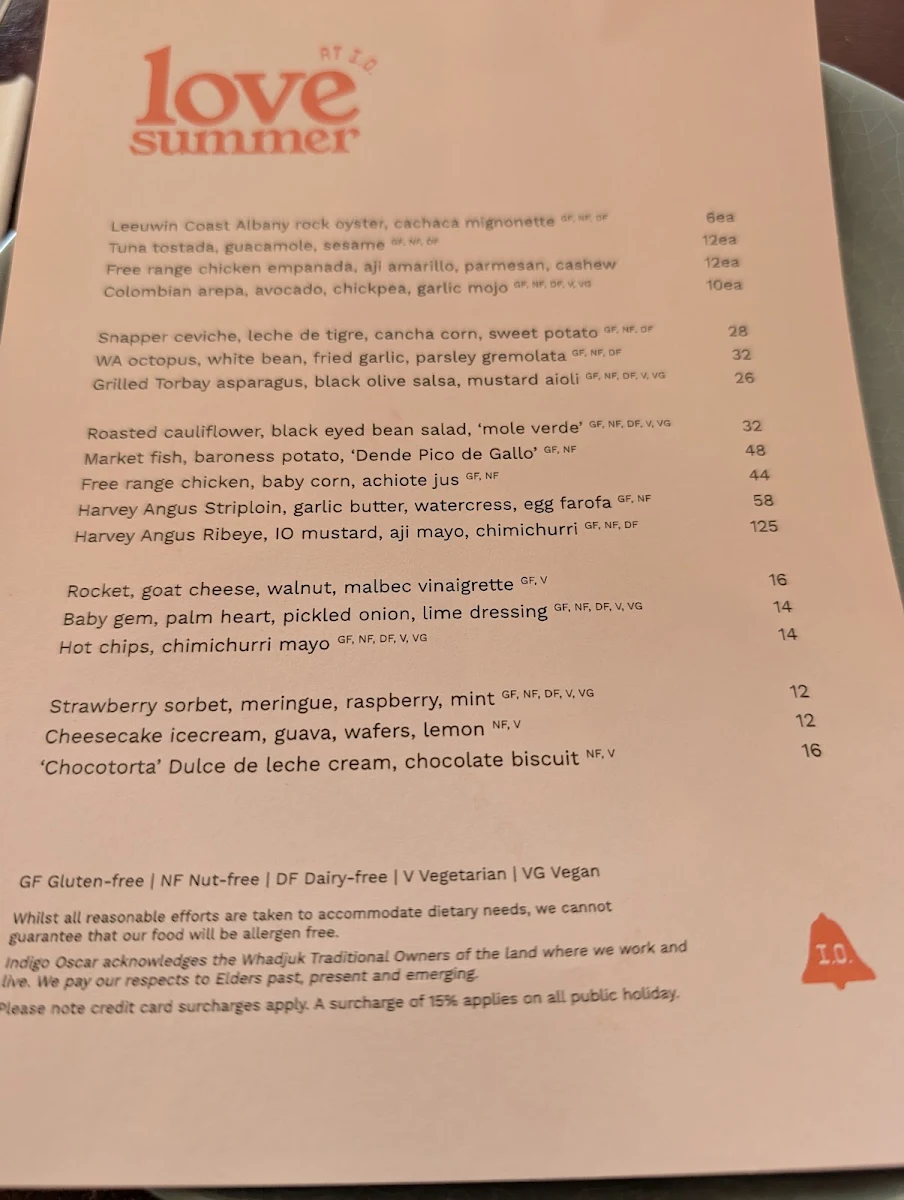Menu, Indigo Oscar