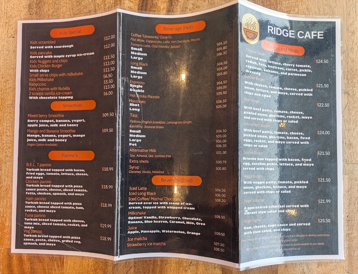 Menu, Ridge Cafe