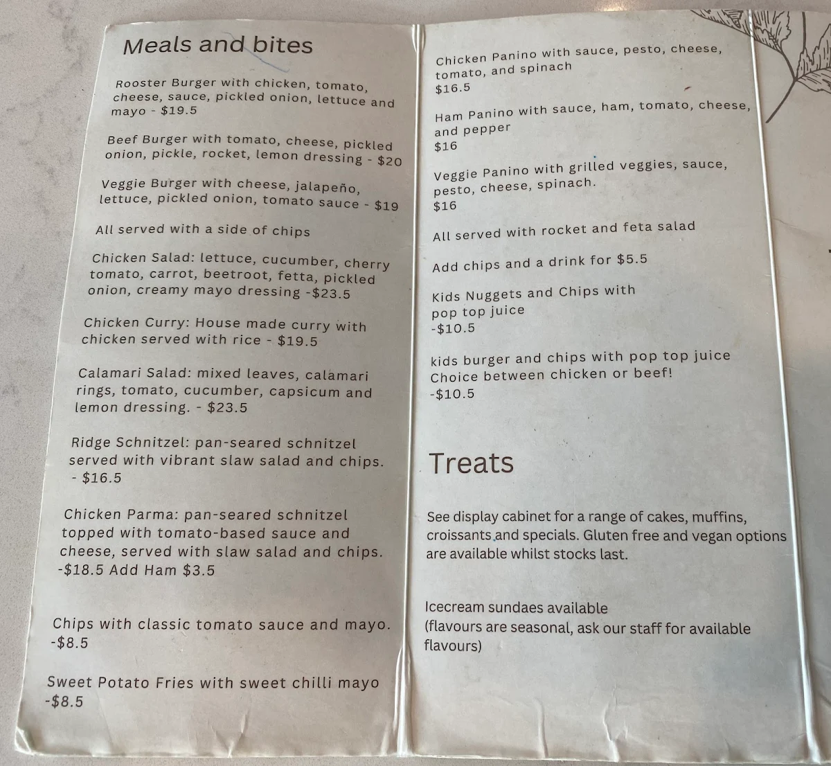 Menu, Ridge Cafe