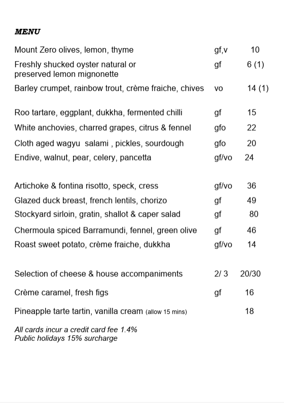Menu, La Lune Wine Co