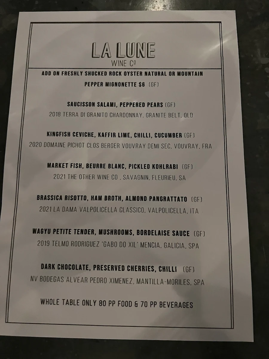 Menu, La Lune Wine Co