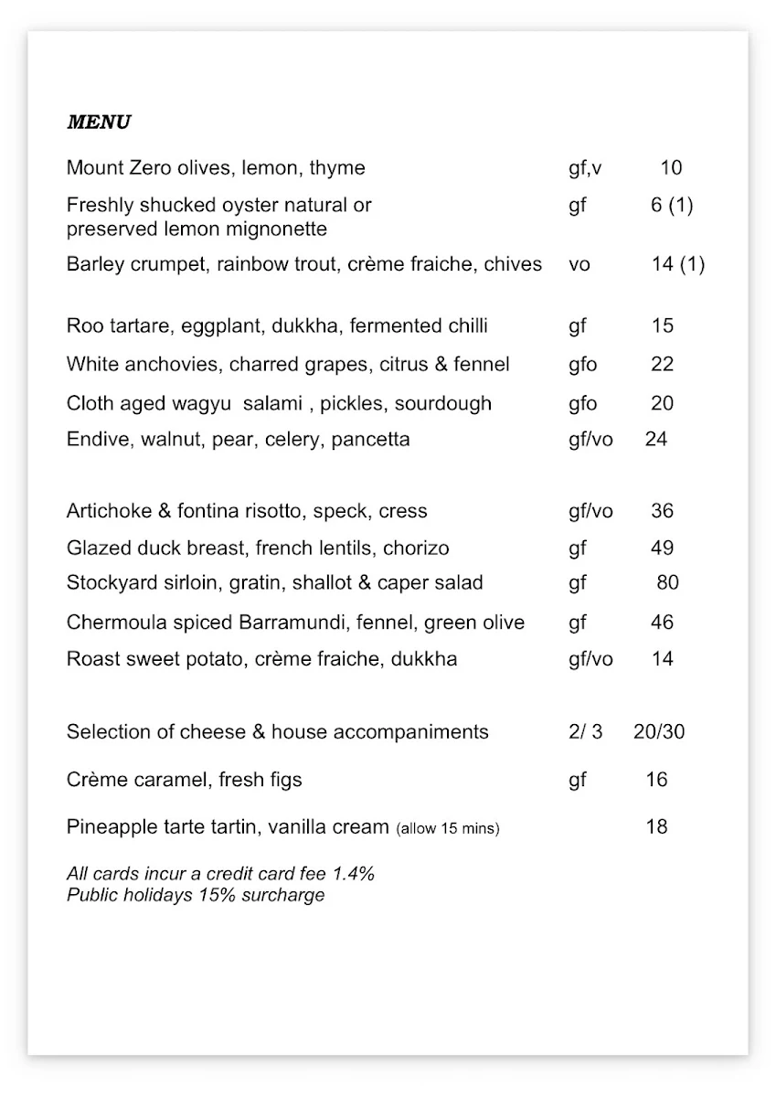 Menu, La Lune Wine Co