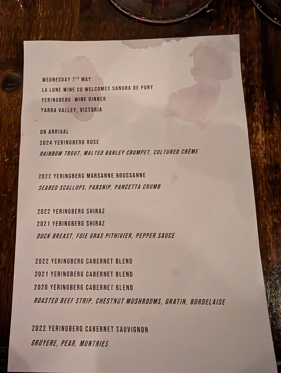 Menu, La Lune Wine Co