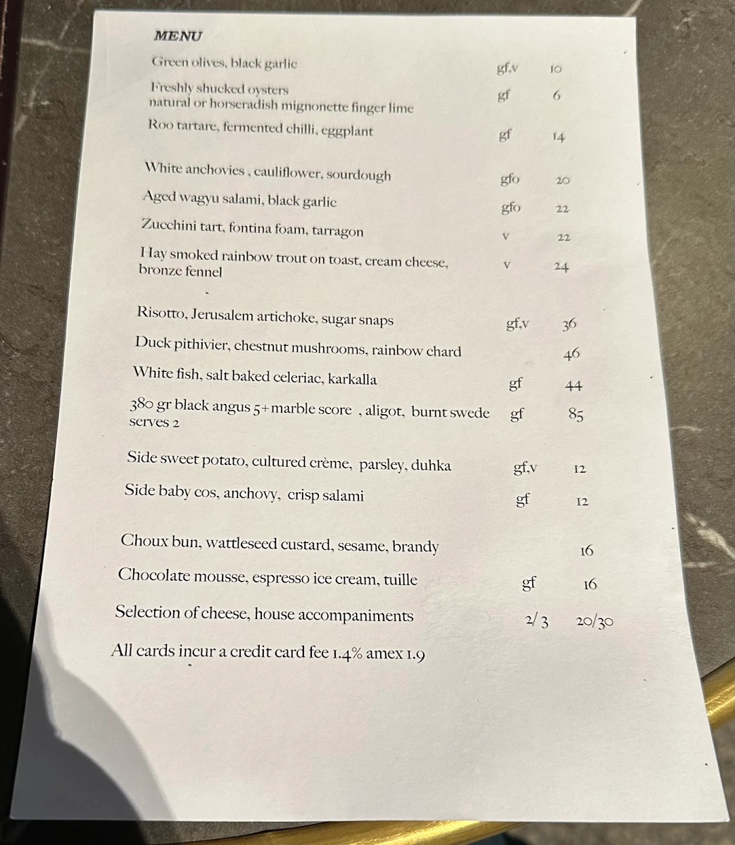 Menu, La Lune Wine Co
