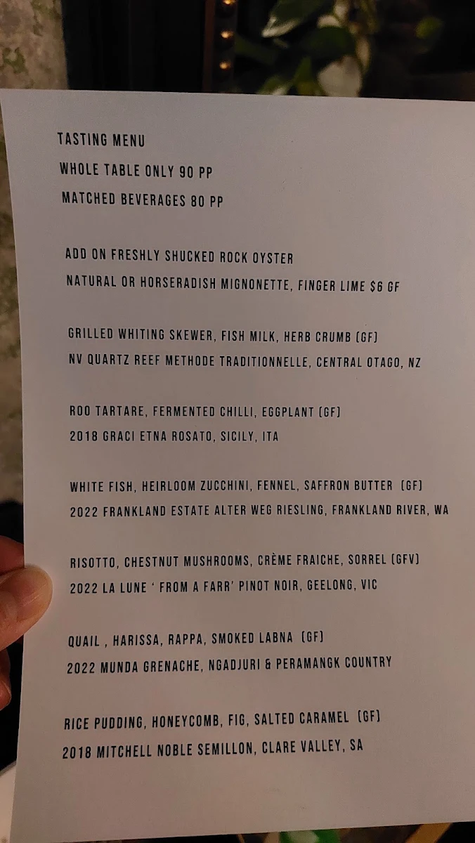 Menu, La Lune Wine Co