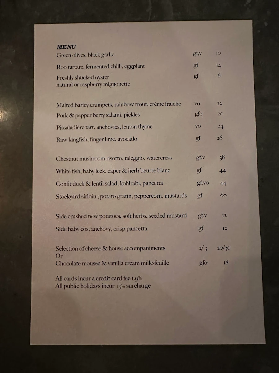 Menu, La Lune Wine Co