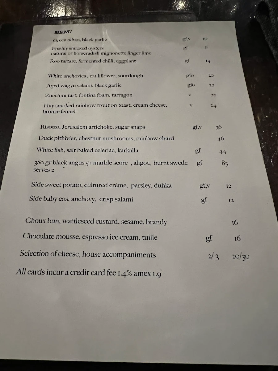 Menu, La Lune Wine Co