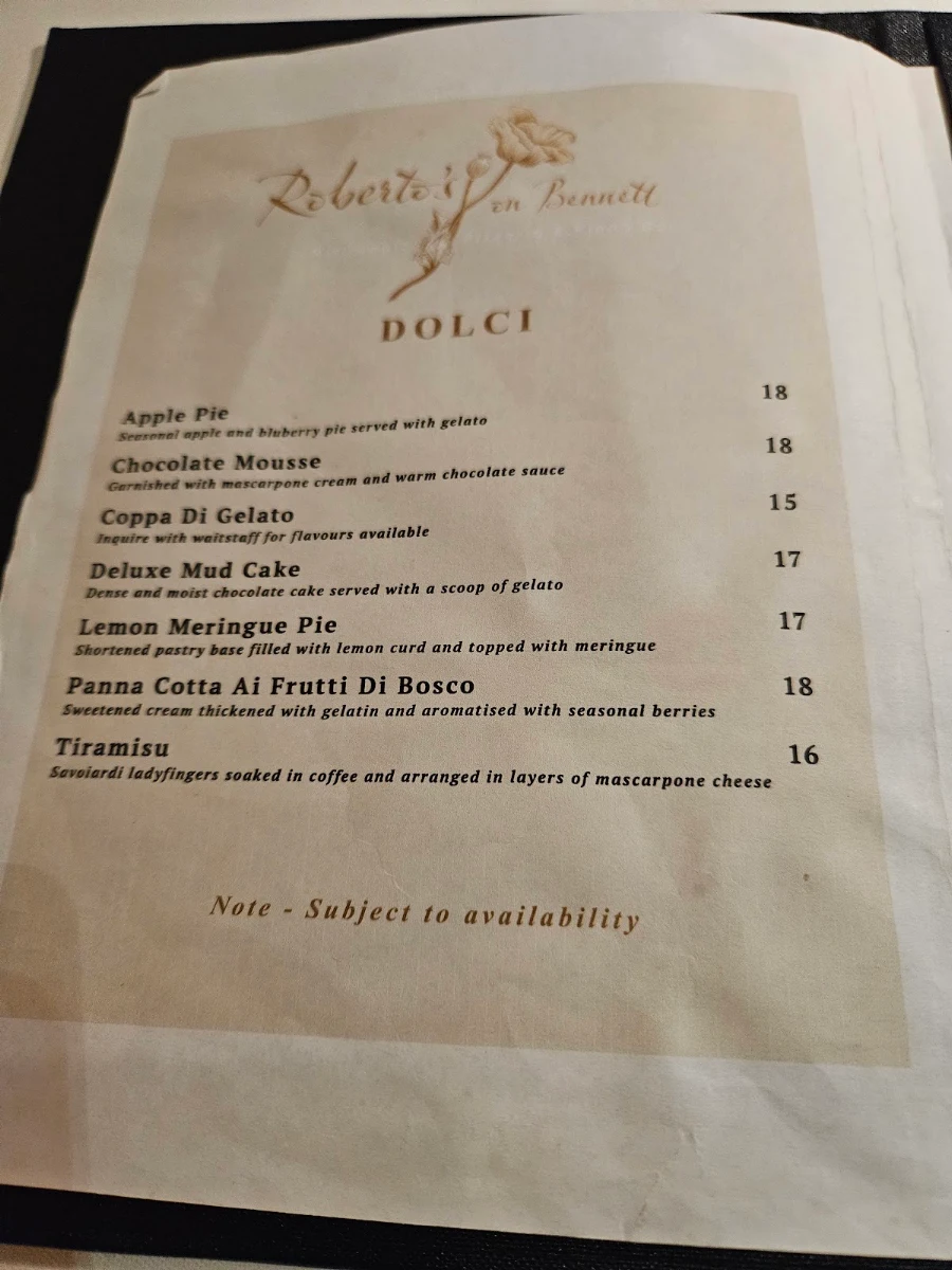 Menu, Roberto's on Bennett