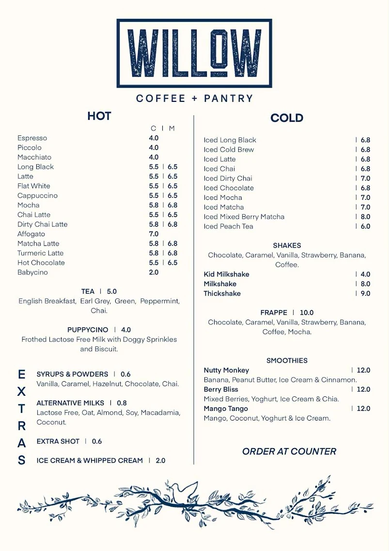 Menu, Willow Coffee + Pantry