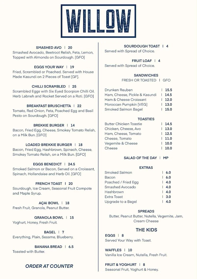 Menu, Willow Coffee + Pantry