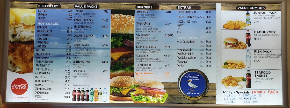 Menu, Seagulls Takeaway
