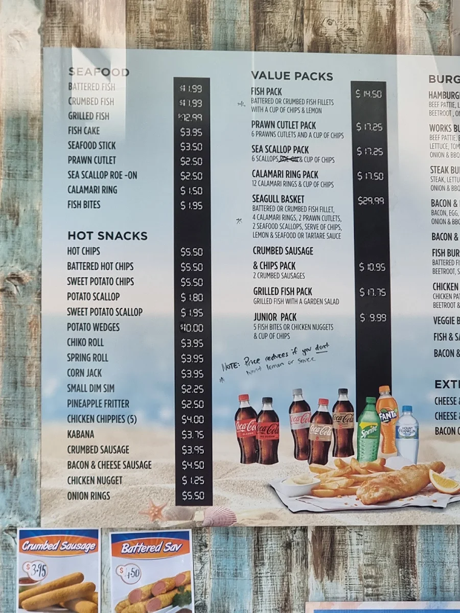 Menu, Seagulls Takeaway