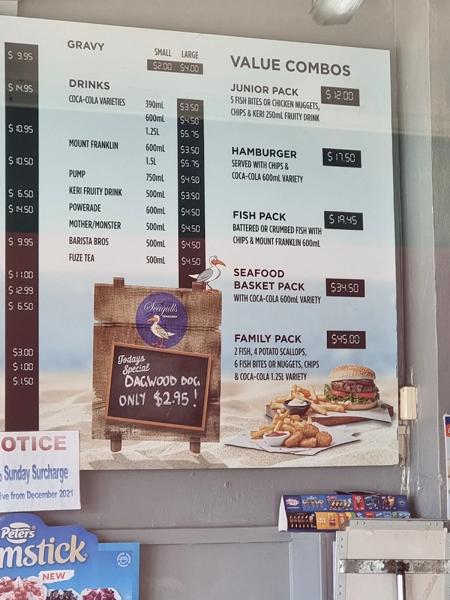 Menu, Seagulls Takeaway