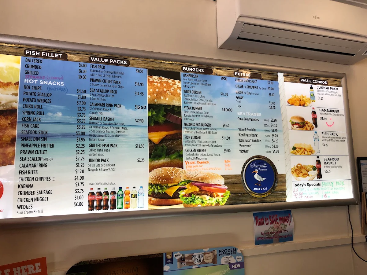 Menu, Seagulls Takeaway