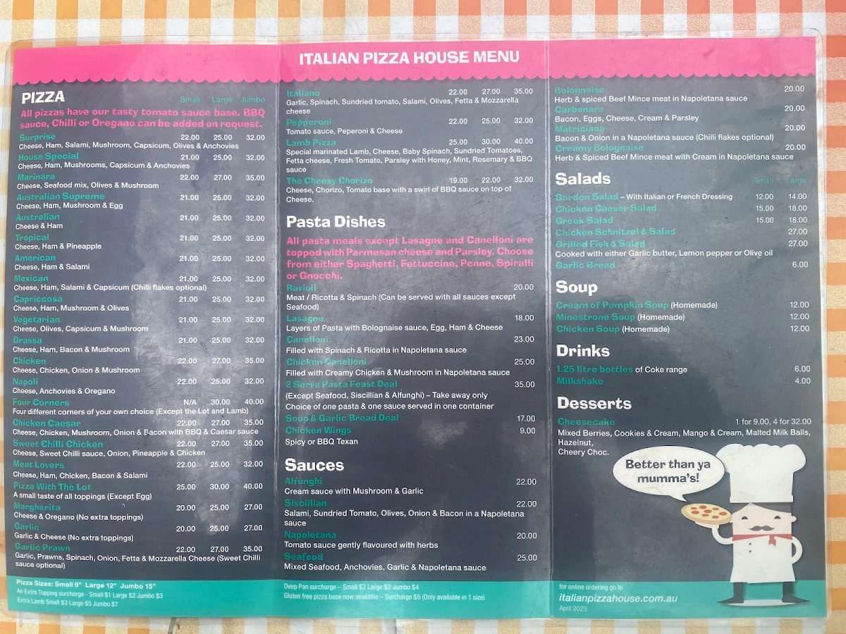 Menu, Italian Pizza House