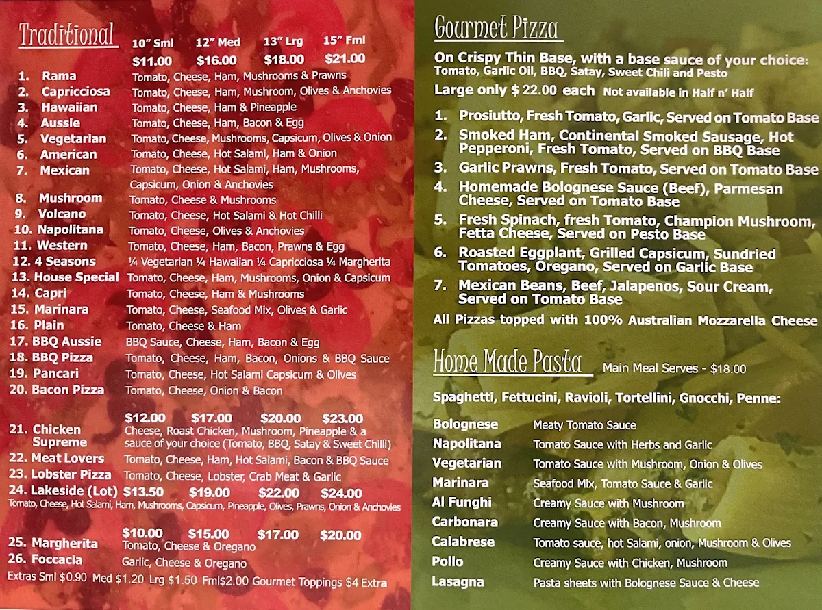 Menu, Lakeside Pizza