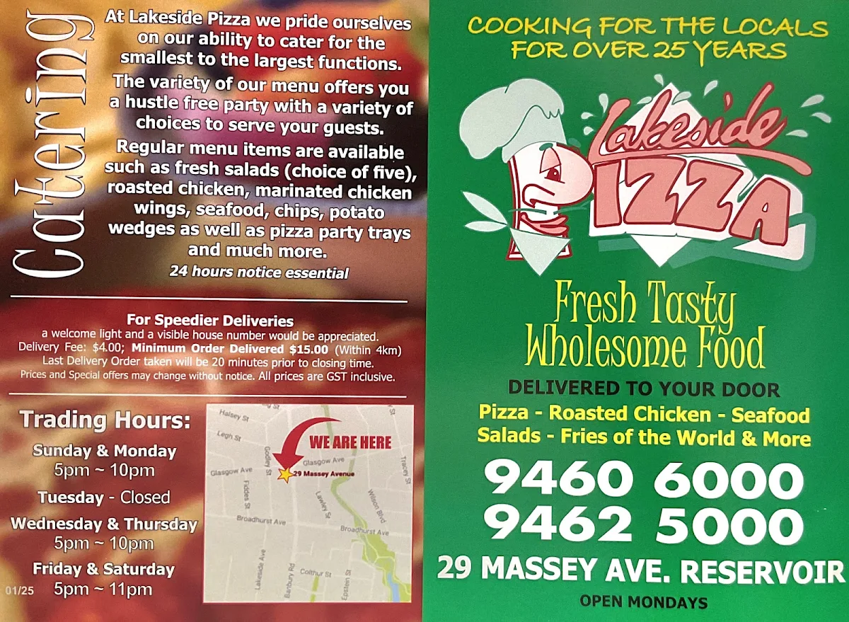Menu, Lakeside Pizza