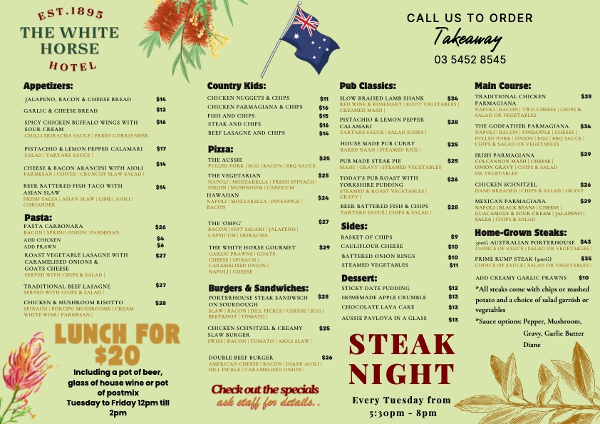 Menu, White Horse Hotel