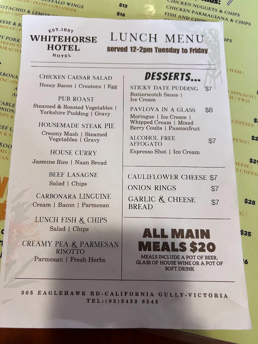 Menu, White Horse Hotel