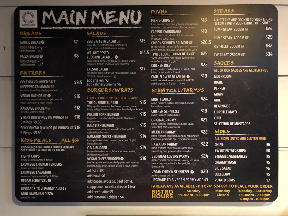 Menu, Queenslander Hotel Bundaberg