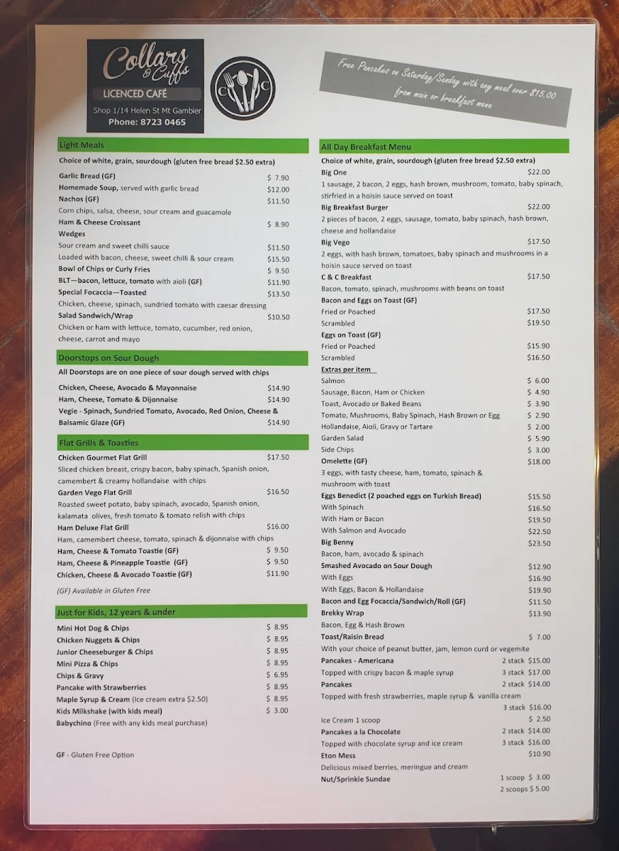 Menu, Collars and Cuffs Licensed Cafe