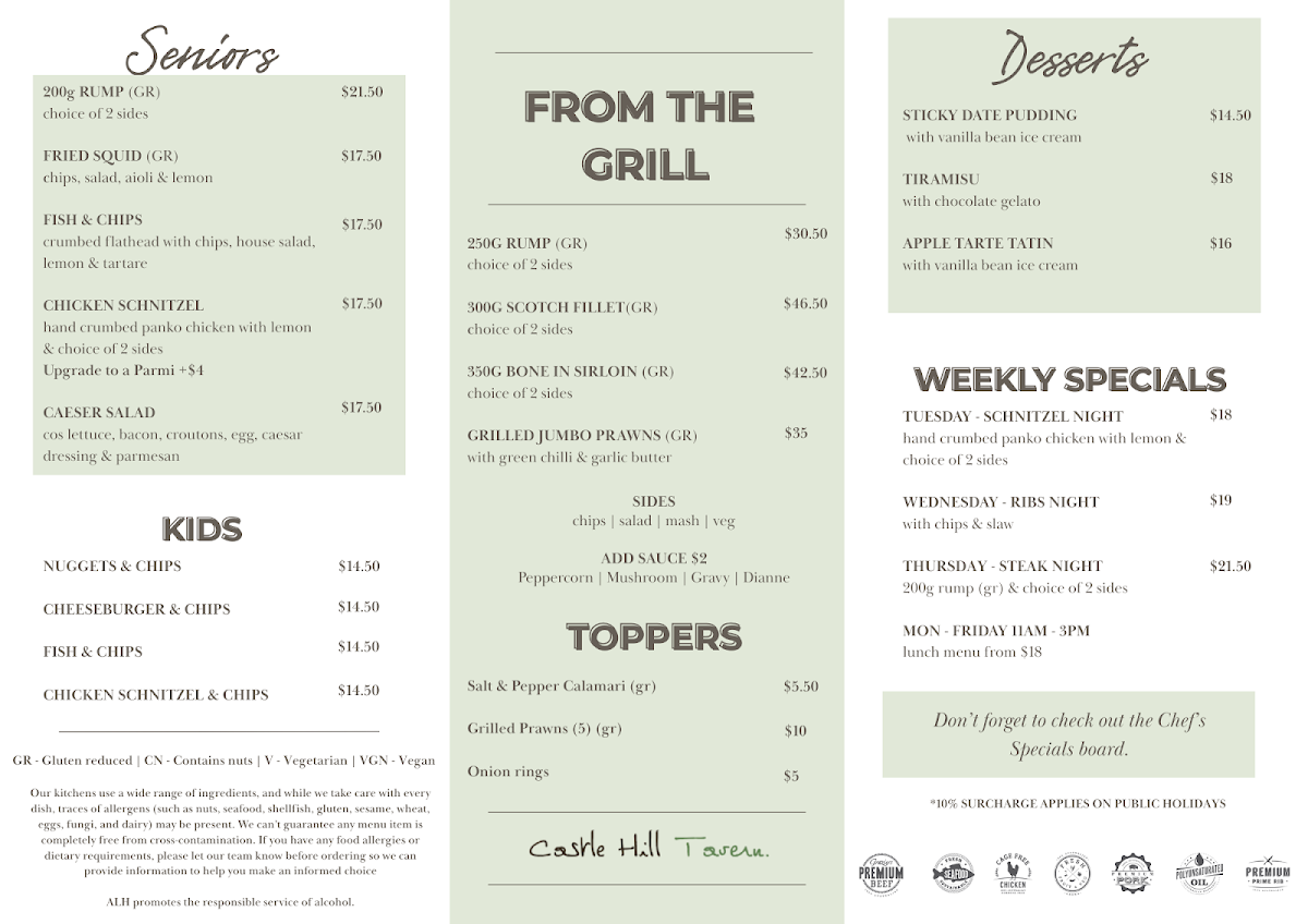 Menu, Castle Hill Tavern