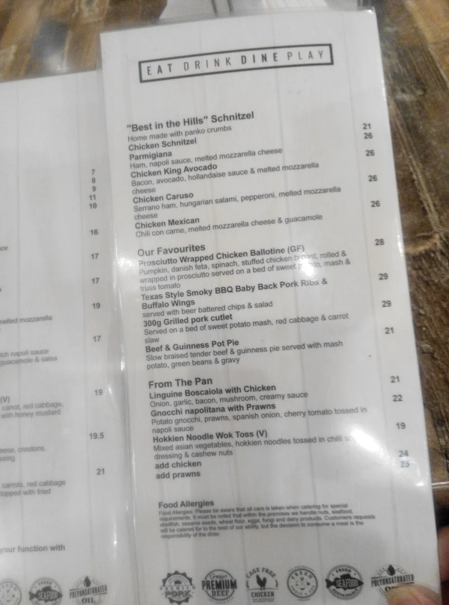 Menu, Castle Hill Tavern