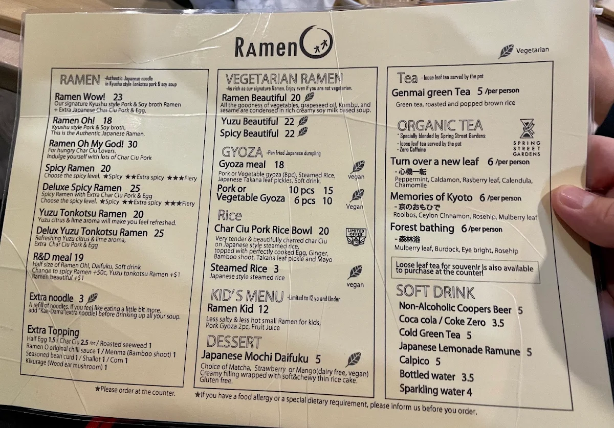 Menu, Ramen O Belconnen