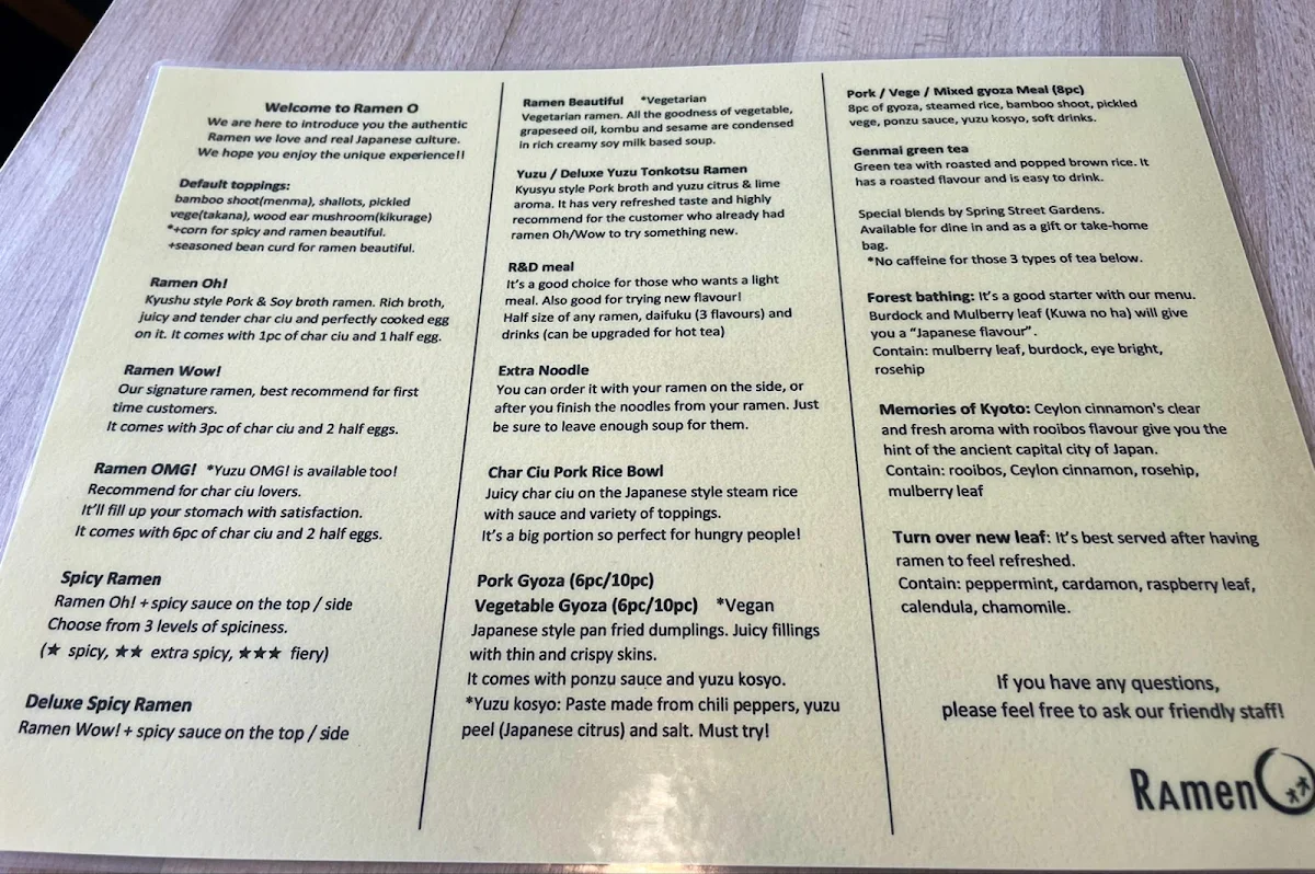Menu, Ramen O Belconnen