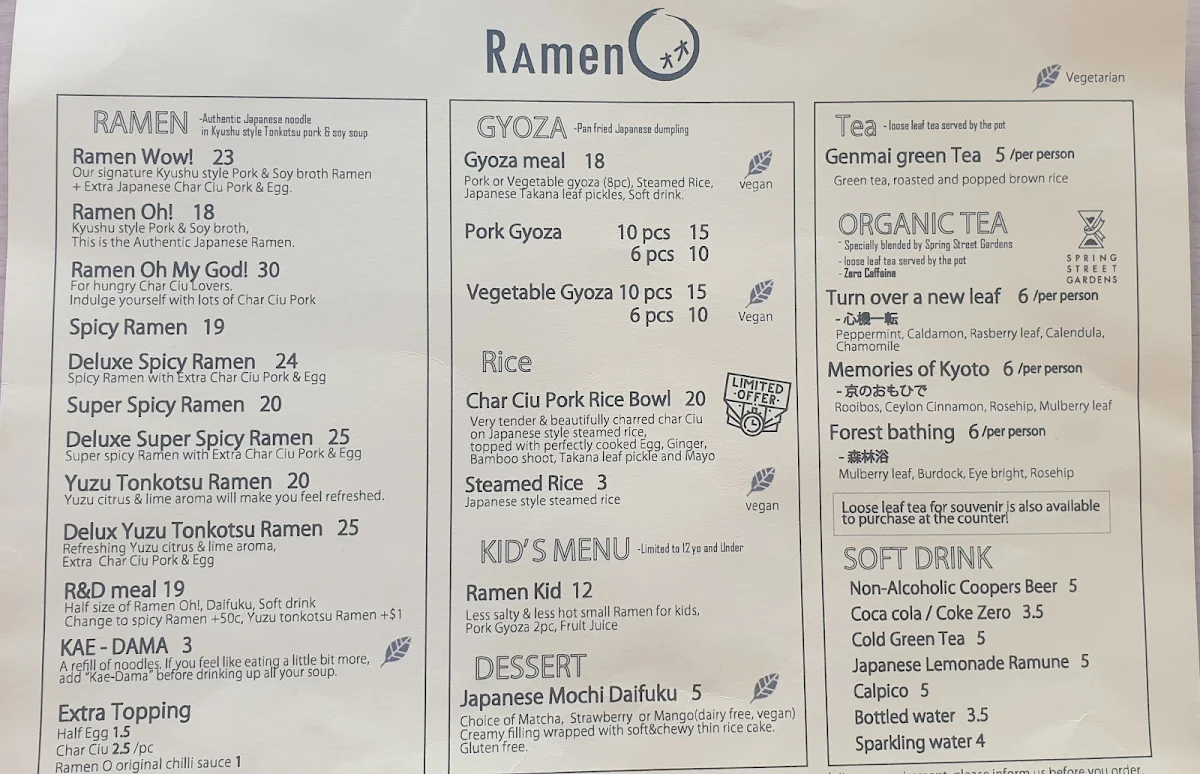 Menu, Ramen O Belconnen