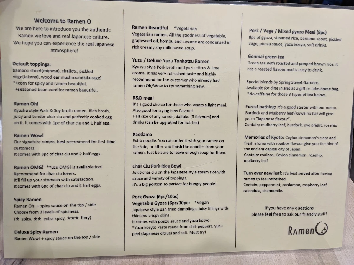 Menu, Ramen O Belconnen