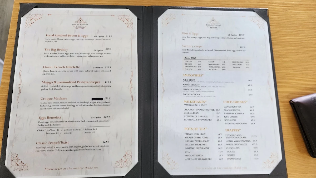 Menu, Pain Au Chocolate Patisserie