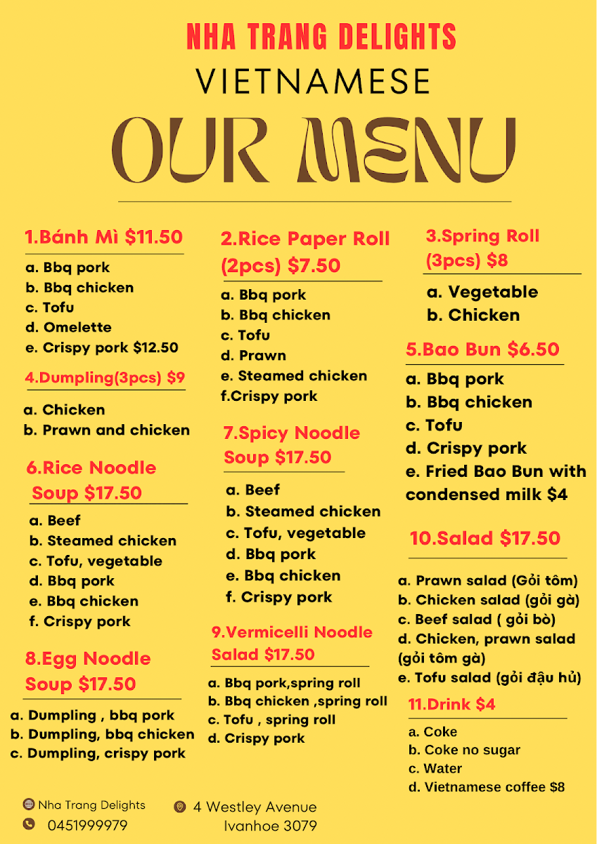 Menu, Nha Trang Delights