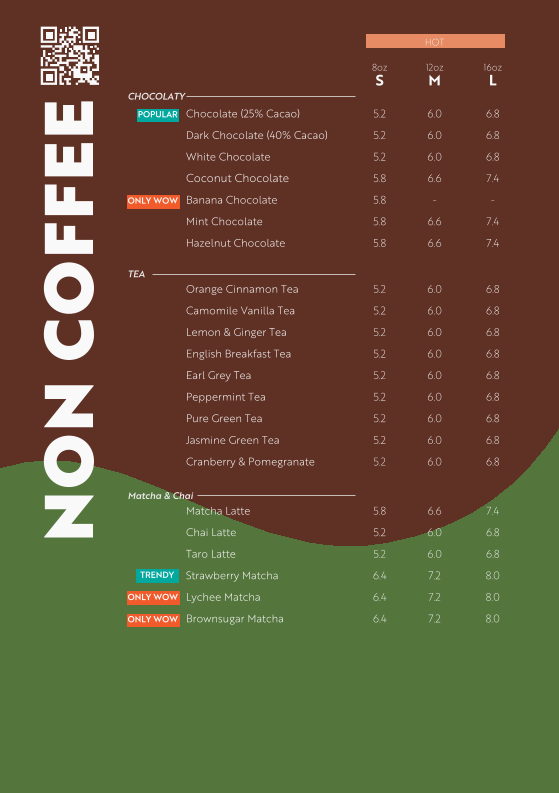Menu, WOW Cafe and Studio