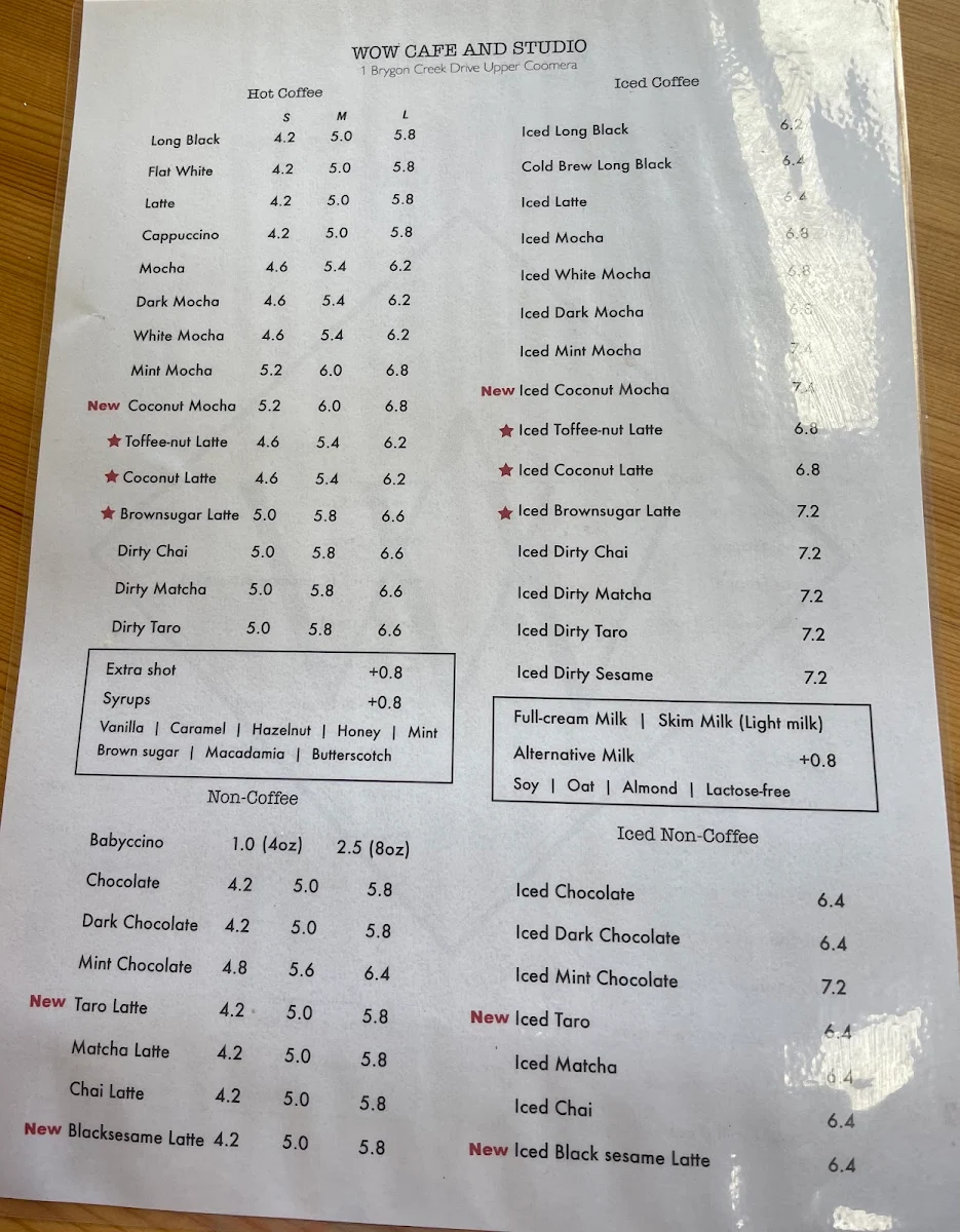 Menu, WOW Cafe and Studio