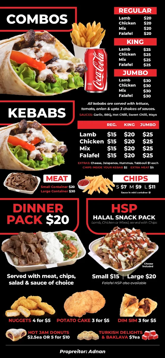 Menu, Kebab Kingz Australia