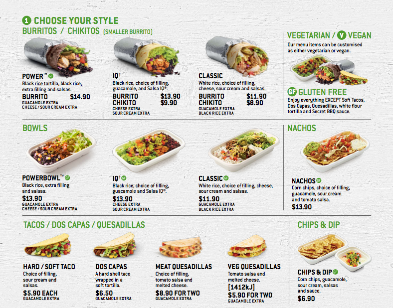 Menu, Zambrero Biggera Waters
