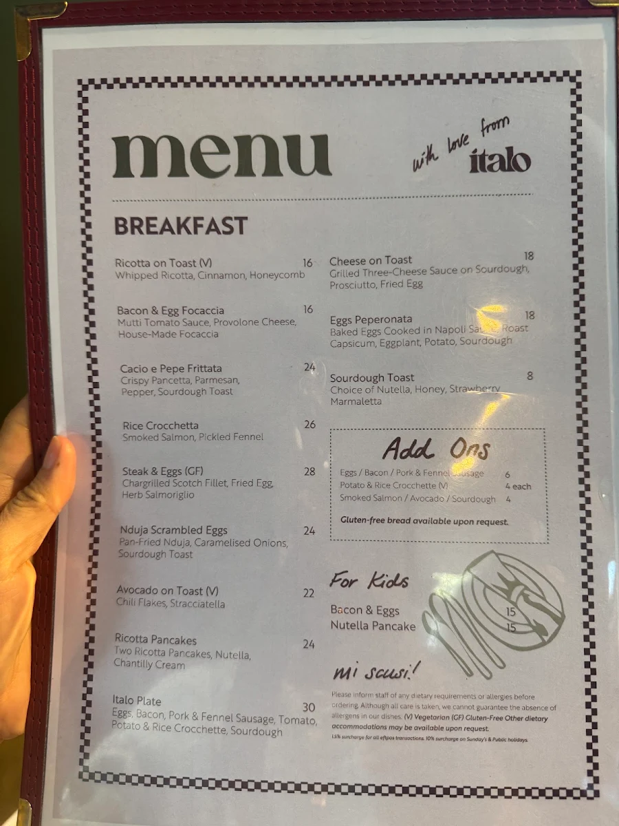 Menu, Italo Bowral