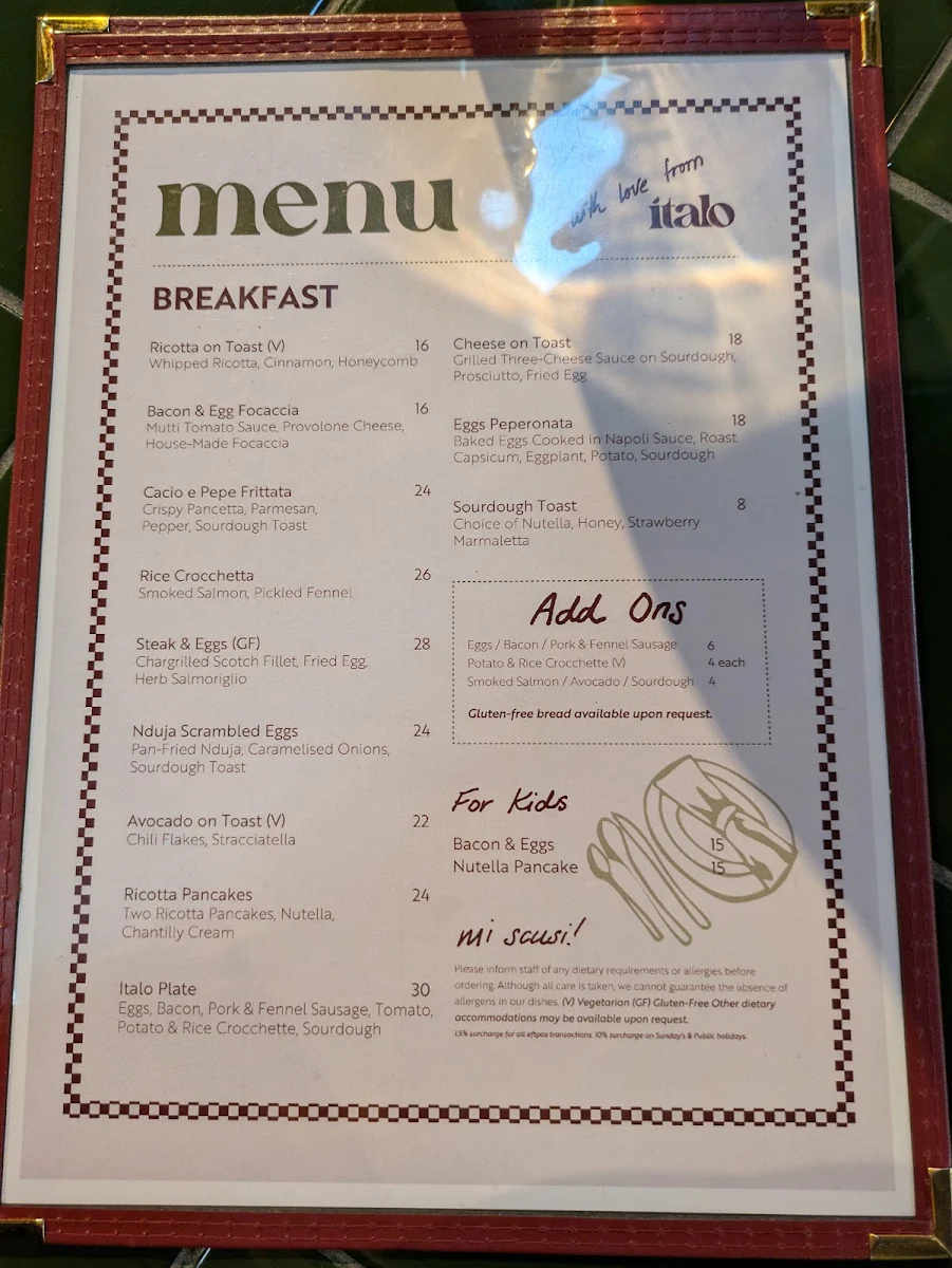 Menu, Italo Bowral