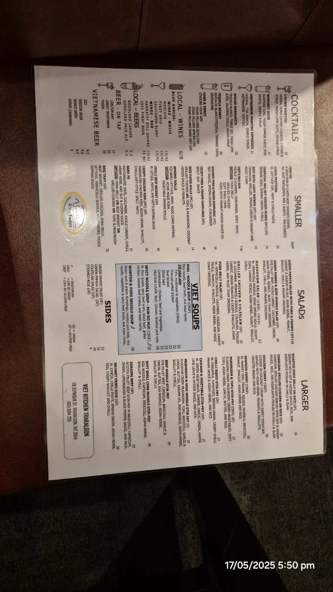 Menu, Viet Kitchen Traralgon
