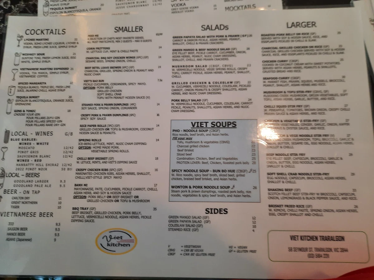 Menu, Viet Kitchen Traralgon