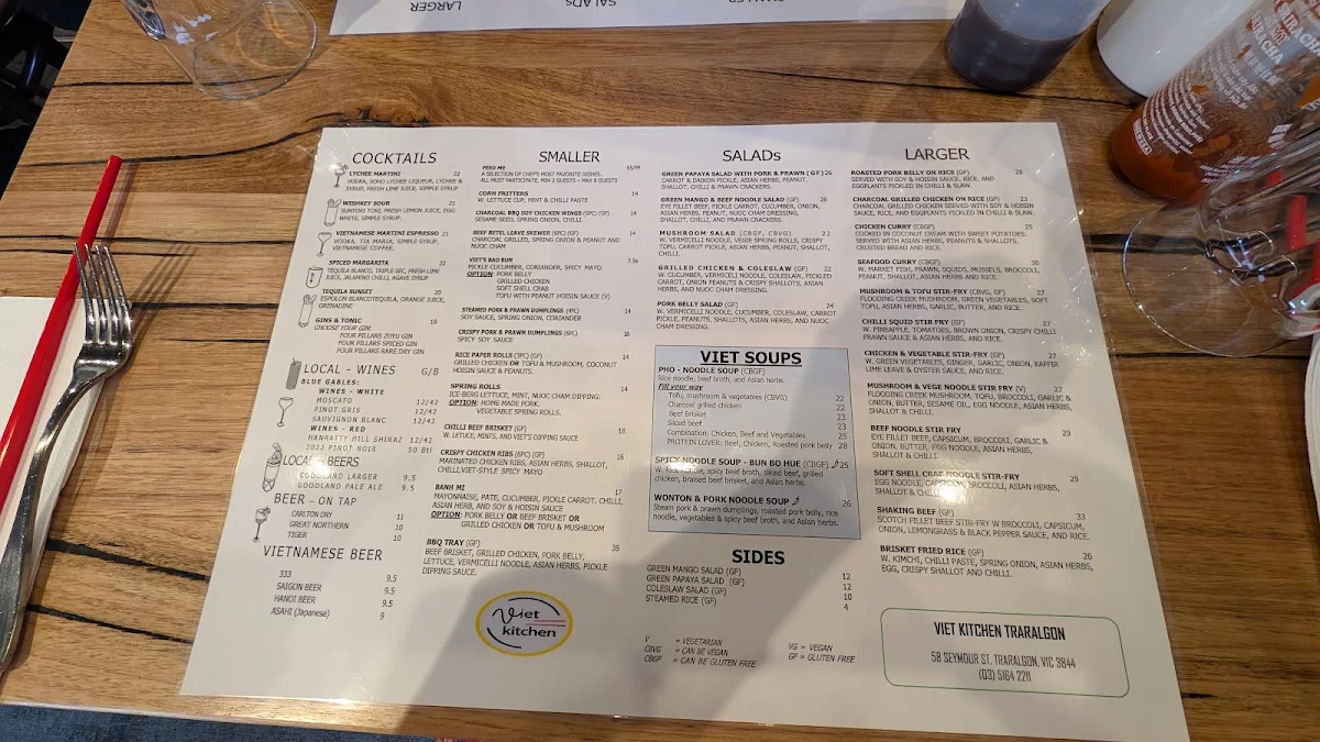 Menu, Viet Kitchen Traralgon