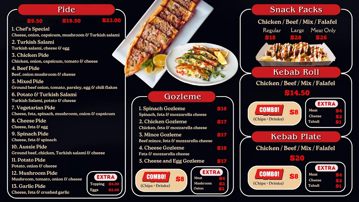 Menu, Dulwich Hill Kebab pizza pide house