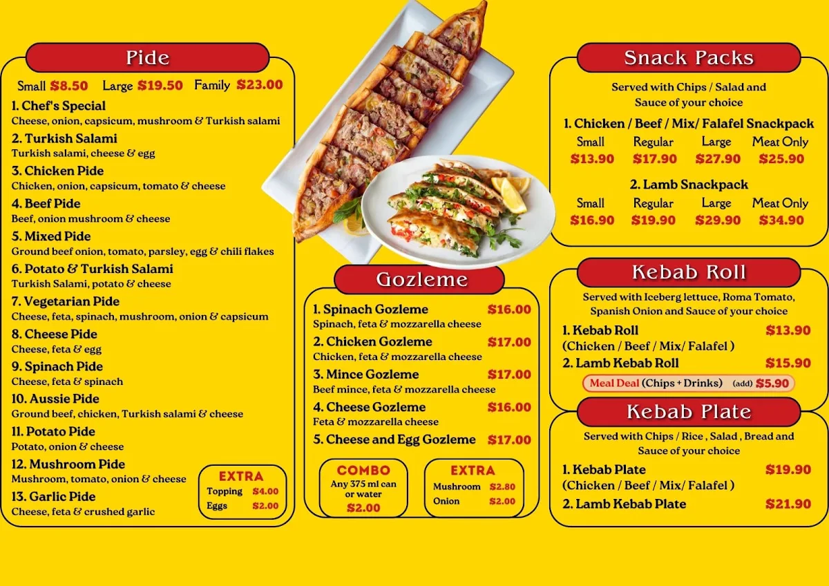 Menu, Dulwich Hill Kebab pizza pide house