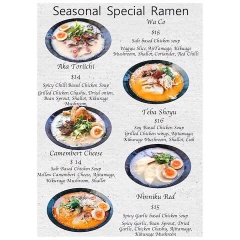 Menu, Ramen Toriichi Neutral Bay