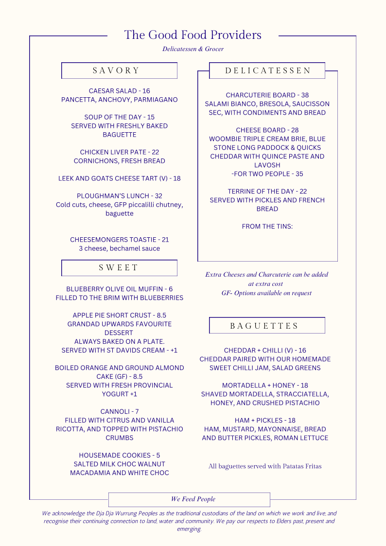 Menu, The Good Food Providers