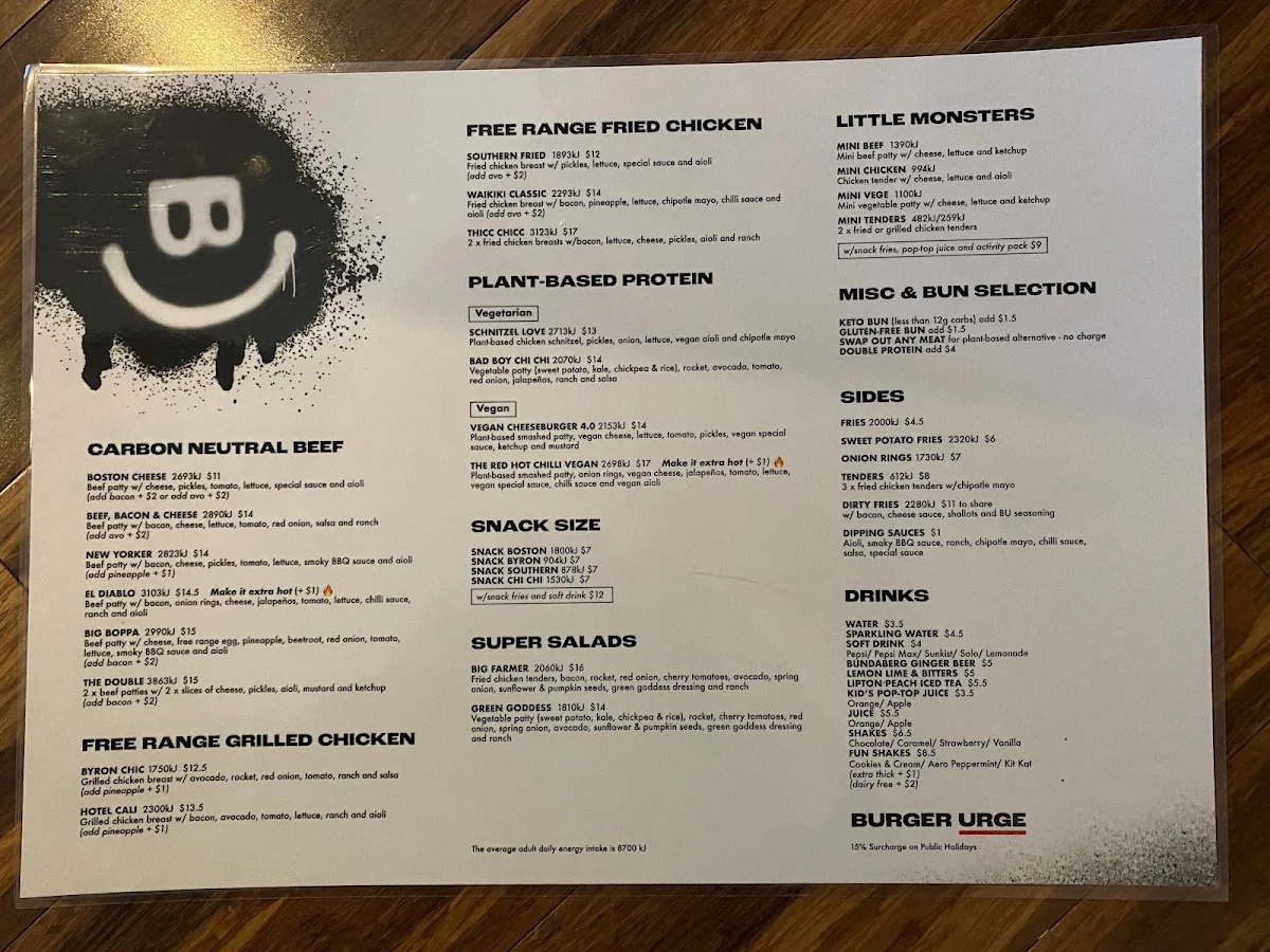 Menu, Burger Urge (Mackay)