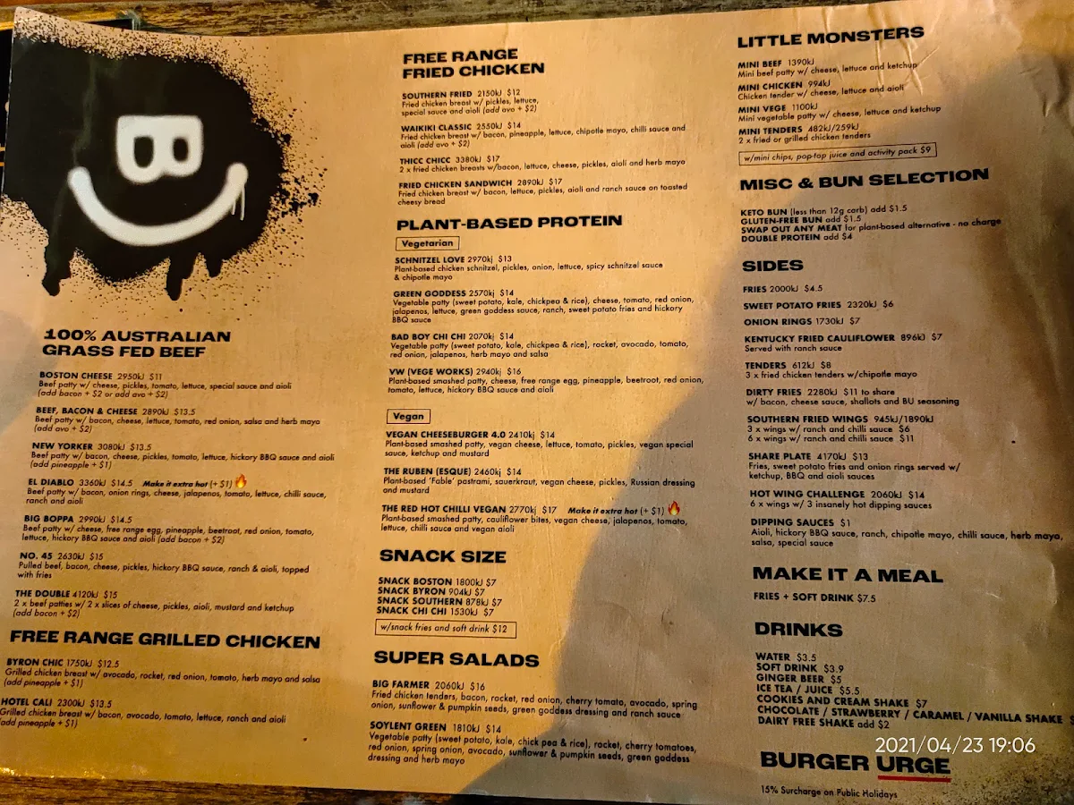 Menu, Burger Urge (Mackay)